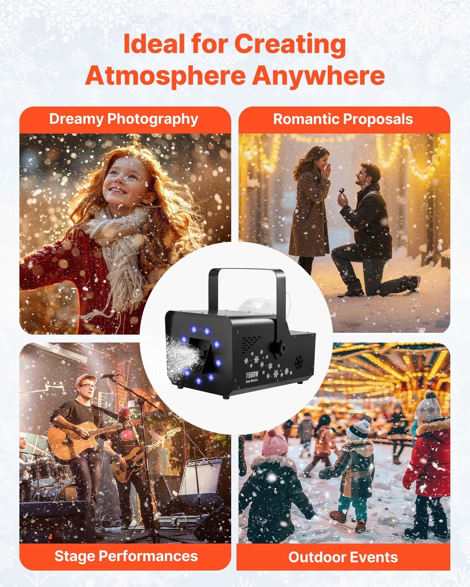 1500W Snow Machine with RGB DMX512 Signal Control, 9 LED Lights, Wireless Remote, High Output Snowflake Machine with 5L Tank, Portable DJ Stage Snow Maker for Christmas Parties Stage Effects