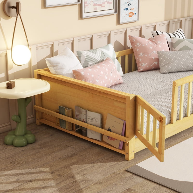 Twin Size Wooden Platform Bed with Safety Guardrails & Built-in Bookshelf, Montessori Kids Floor Bed Frame with Door