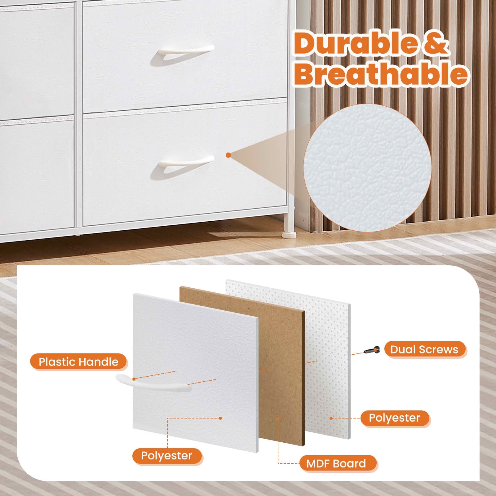 MAYEERTY 8 Drawer Dresser, Fabric Storage Dresser for Bedroom, Living Room, White