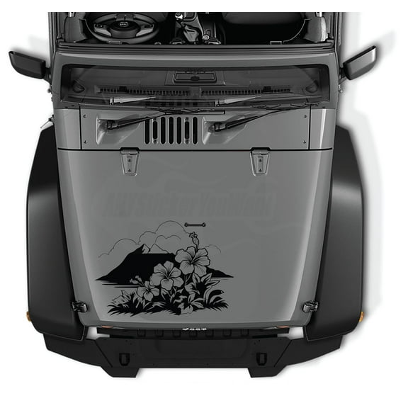 AnyStickerYouWant - Volcano View Hawaiian Hibiscus Flower Scene Vinyl Hood Decal Sticker, 22" Tall Hibiscus Vinyl Hood Decal - Fits on & Compatible with Jeep Wrangler & Jeep Gladiator