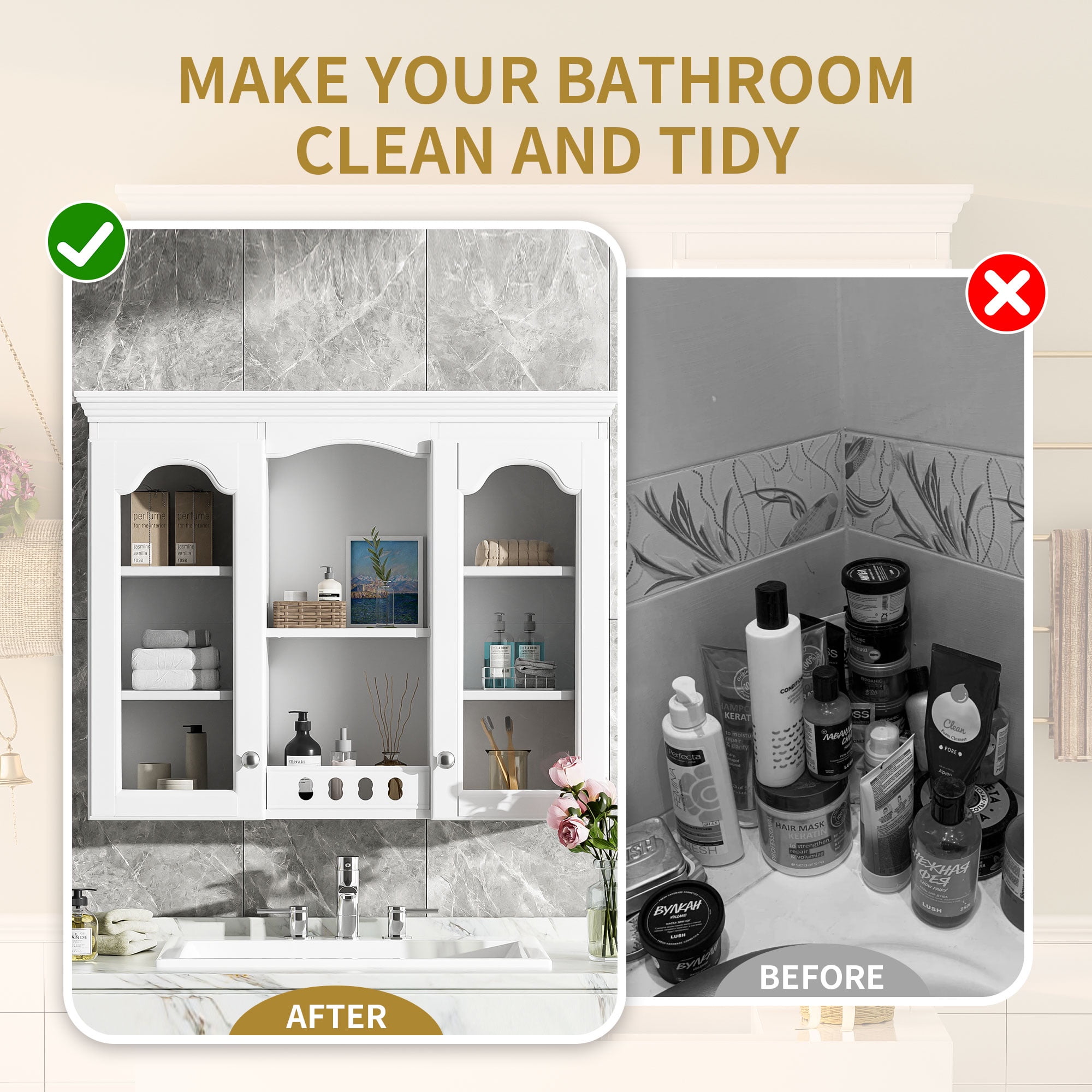 White Wall Mounted Cabinet with 2 Glass Doors – Over The Toilet Storage Cabinet, Retro Style Bathroom Wall Cabinet with Adjustable Shelf
