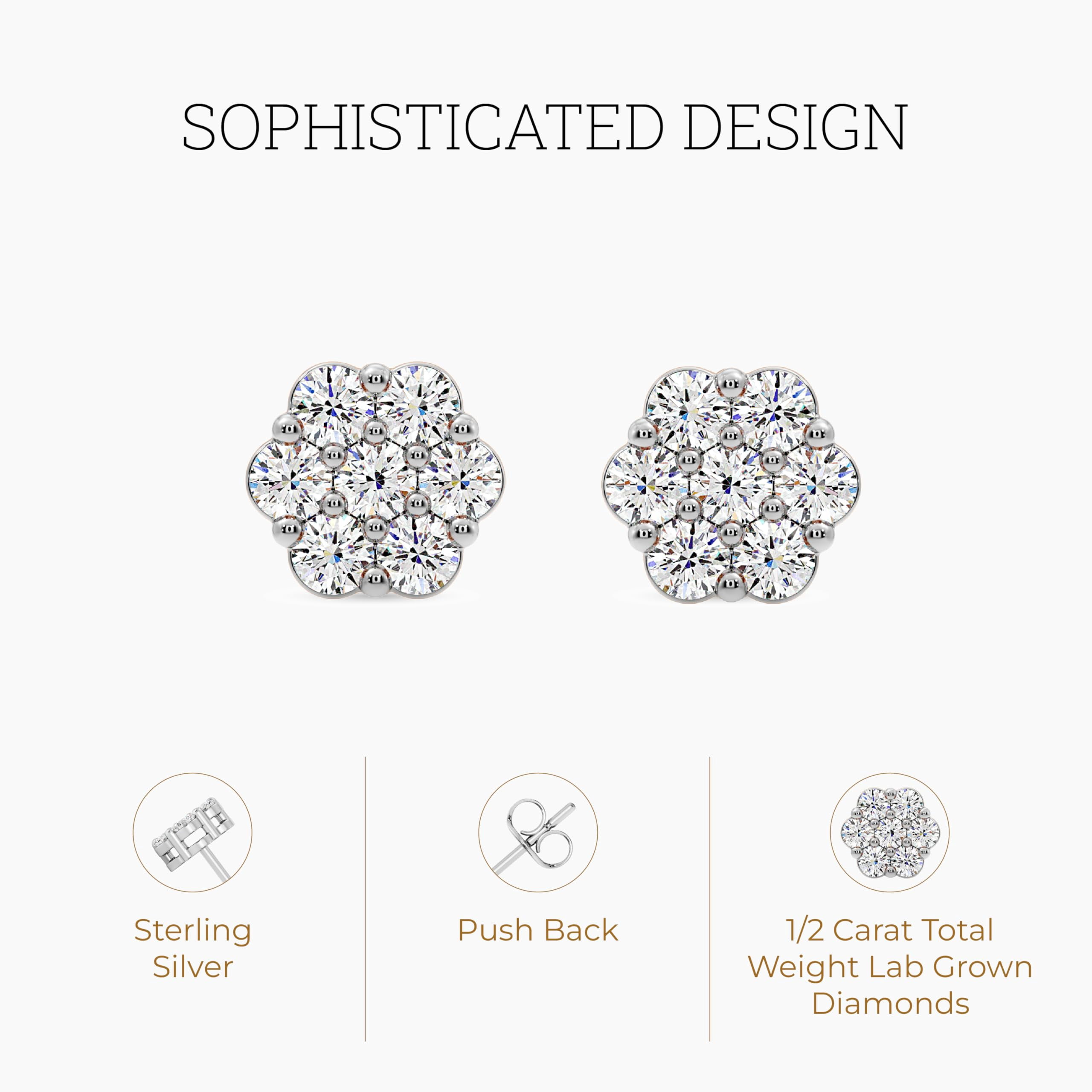 Gilded 1/2 Carat Total Weight Lab-Grown Diamond Stud Earrings for Women | 925 Sterling Silver | 7-Stone Flower Shaped | Hypoallergenic Fine Jewelry | Prong Setting, Push Back Nut SI1 Clarity, F Color