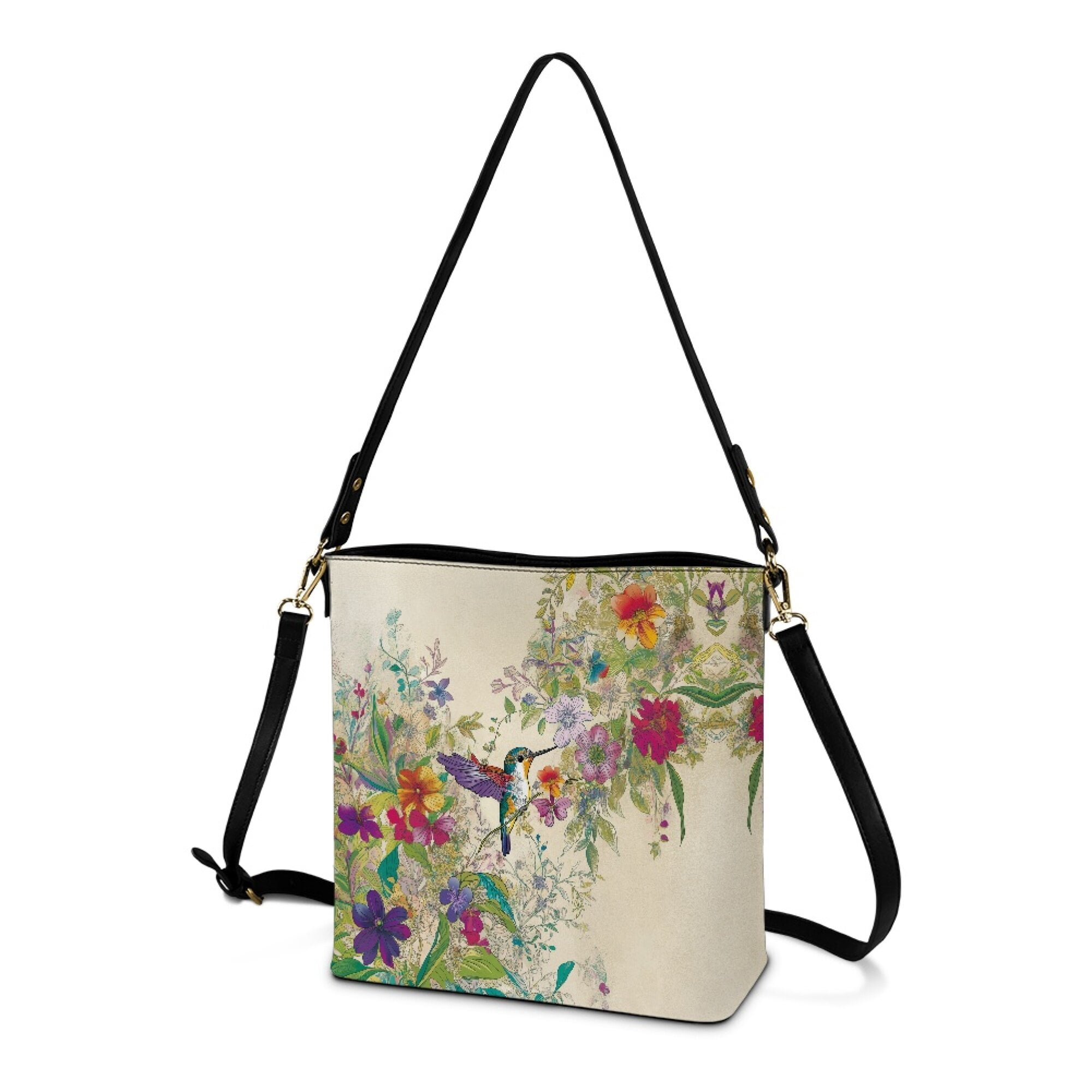 Kuiaobaty Hummingbird Flower Print Crossbody Bag for Women, Large Capacity Vegan Leather Shoulder Purse with Adjustable Strap, Casual Durable Bucket Tote Bag Handbag Crossbody for Travel