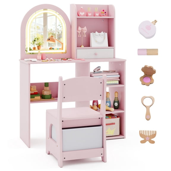 Kids Vanity Set with LED-Lit Mirror, Kids Table and Chairs with 5 Makeup Accessories, 2-in-1 Toddler Girls Vanity with Writing Table, Pink