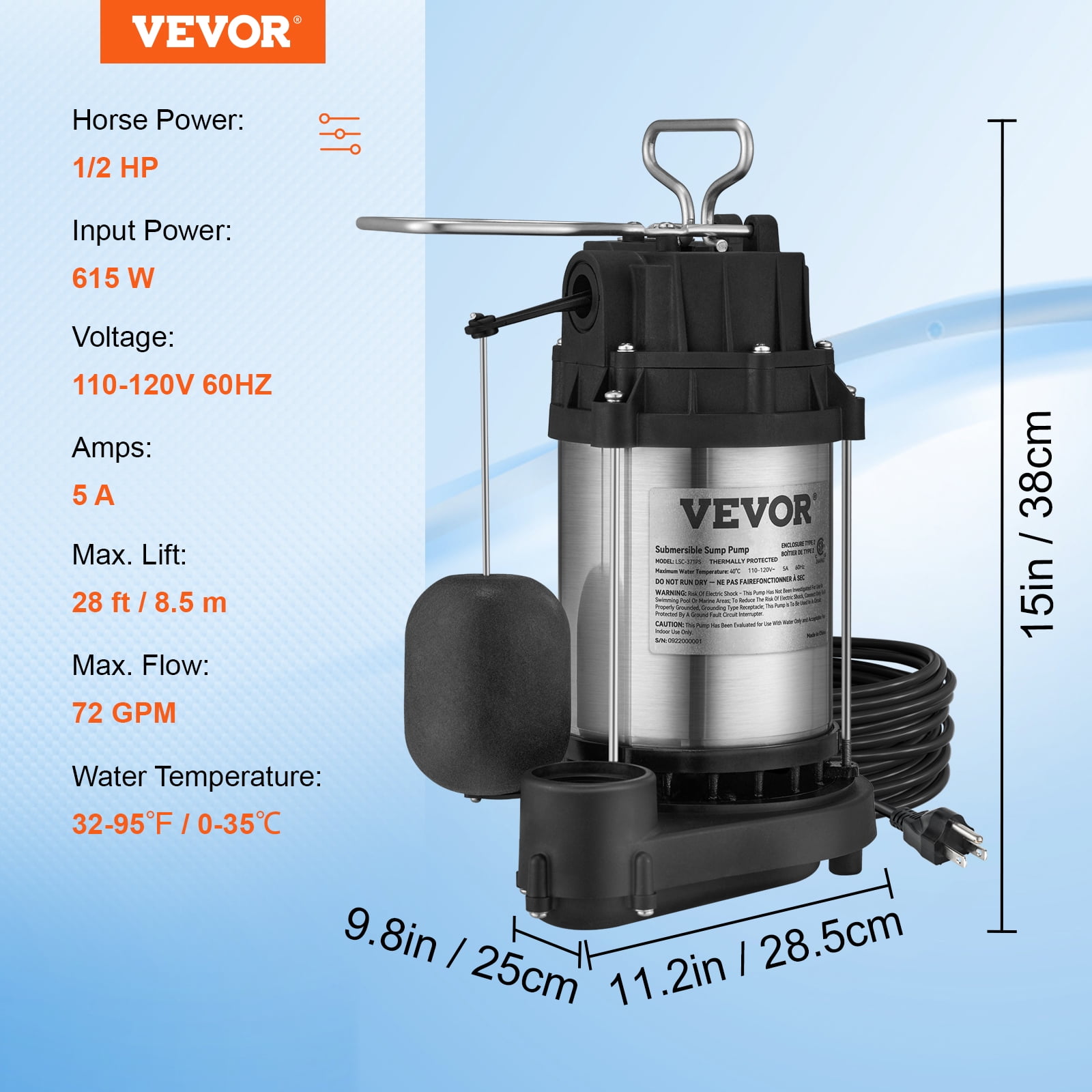 VEVOR 1/2 HP Submersible Sump Pump, 4320 GPH, Stainless Steel, Automatic Float Switch