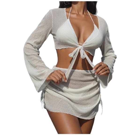 Women 4 Piece Swimsuit Set Crochet up Long Sleeve Tie Front Crop Top Mini Skirt Set Bathing Suit Swimwear Coverups (S, White)