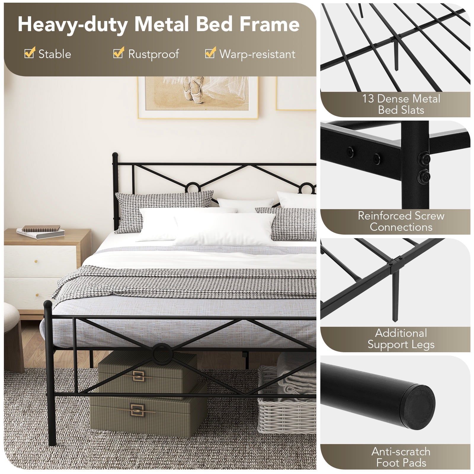 Giantex Queen Size Metal Bed Frame, Platform Steel Slat Support Basic Mattress Foundation, No Box Spring Needed, Noise Free