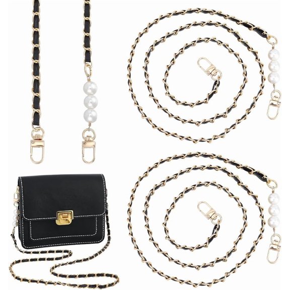 2pcs PU Leather Purse Chain Replacement 45.6 Inch Metal Crossbody Chain Strap Thin PU Leather Shoulder Bag Strap with Pearls Beaded Decoration Chain Handbag Chain Strap Black Black DIY