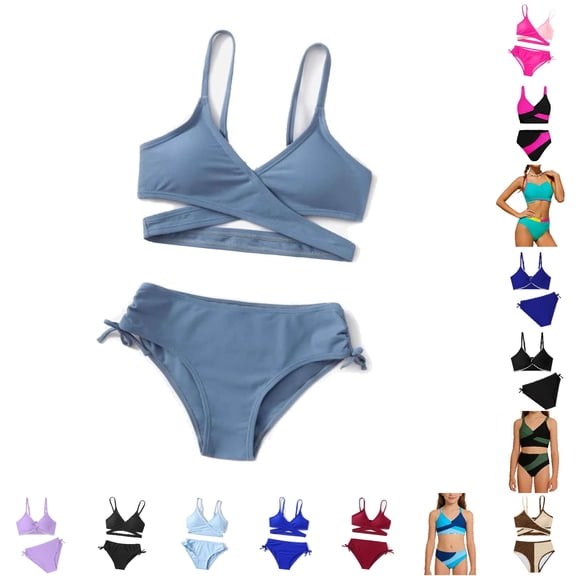 CUZIBR Girls Teen Swimsuits 2 Piece Bikini Sets Color Block Adjustable Spaghetti Strap Cross V-Neck High Waist Briefs Summer Swimwear For Youth Kids Youth Holiday Beachwear,6-Navy,6-7 Years