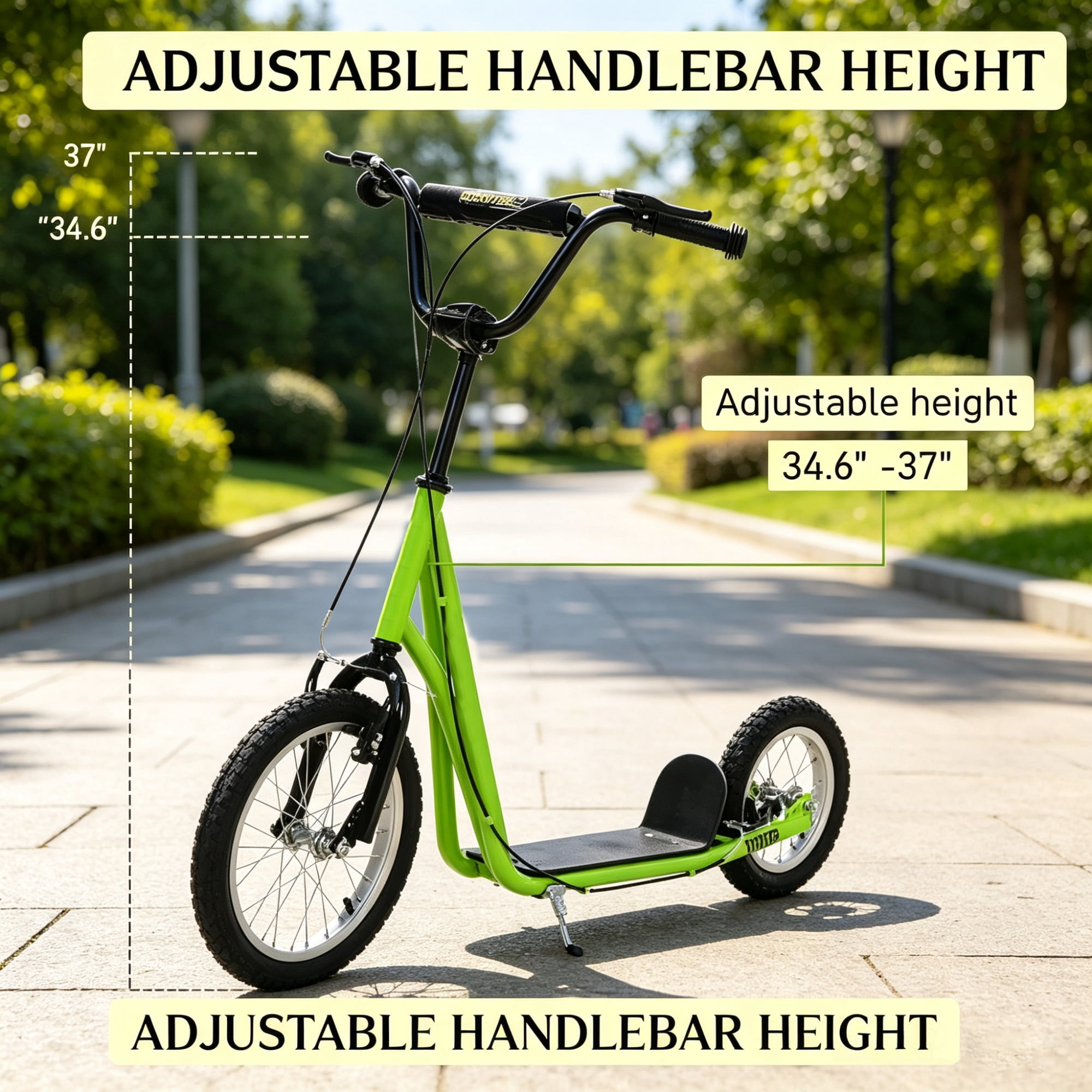 Teens Kids Ride-On Scooter, Height Adjustable Handlebar, Dual Brakes, Pneumatic Wheels, Safe Toy for Children 5 and Up, Green