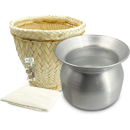 

Sticky rice cookware set Standard diameter aluminum pot (22 Cm) 8.5 inch diameter Thai Bamboo Village Vintage steamer basket with 6 packs of 24 inch round reusable cooking mats.