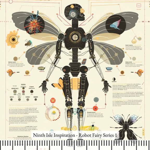 Ninth Isle Inspiration - Robot Fairy Series - 100% Rayon Fabric By The Yard (Series1, HalfYard)