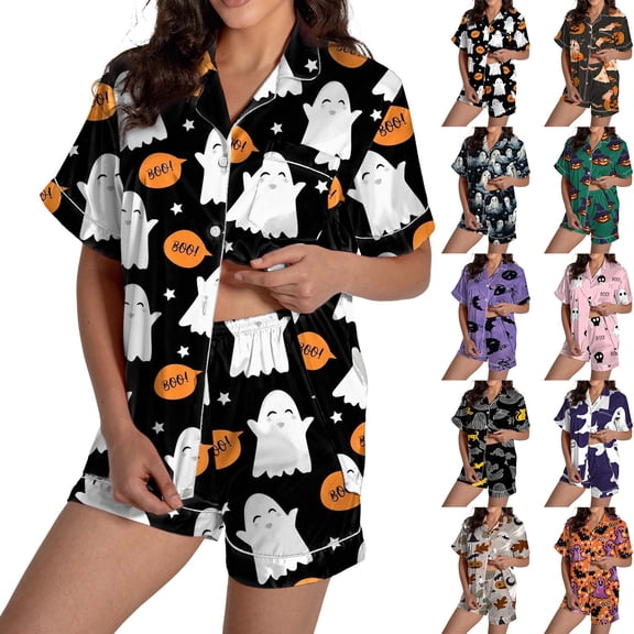 JIANLAI Nightgown Women's Cute Ghost & Floral All‑Over Print Notched Lapel Button‑Down Short‑Sleeve Top & Elastic Waist Shorts Loungewear Multiple Patterns Available S‑XXXL
