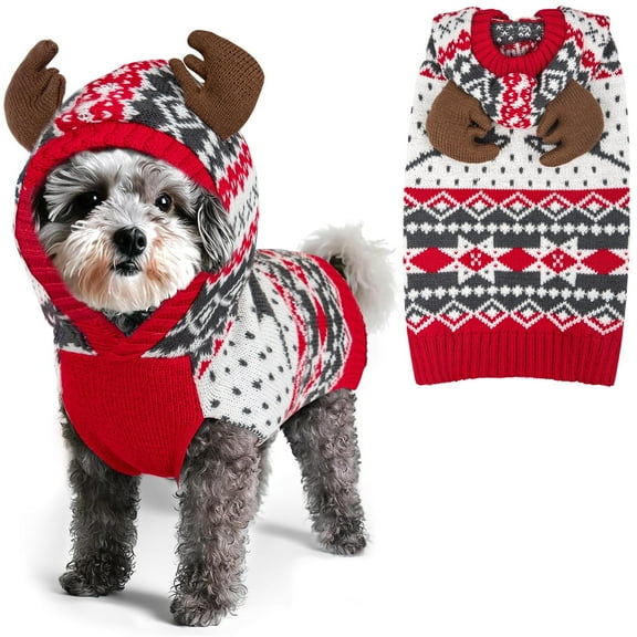 KYEESE Dog Christmas Sweater, Reindeer Antler Hood, Dog Sweater for Small Dogs, XL