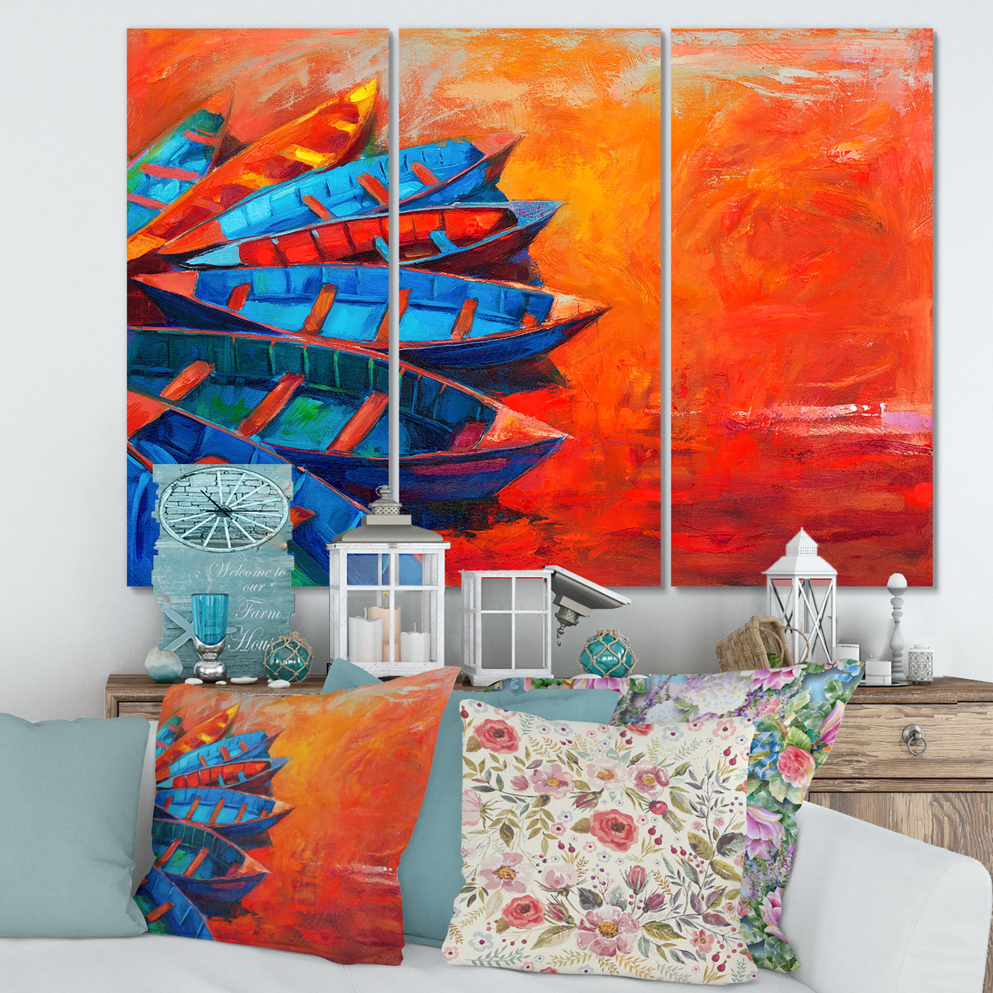 Designart ' Boats During Warm Sunset Resting On The Water V ' Nautical & Coastal Canvas Wall Art Print