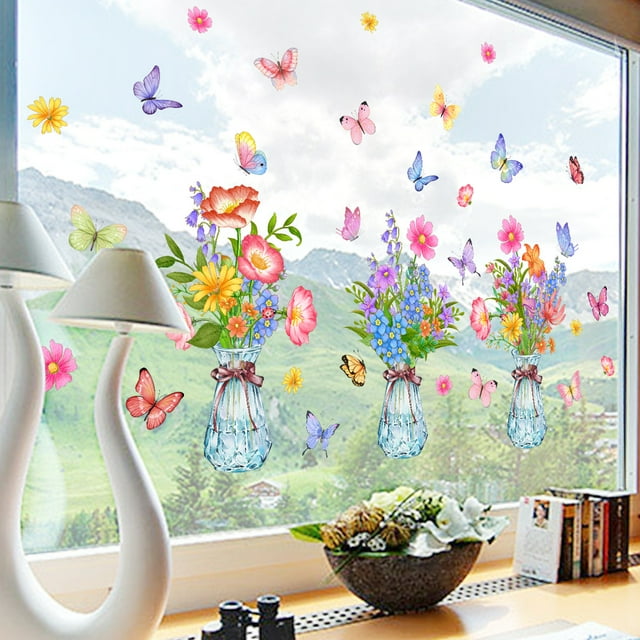 Calcomanías de pared con flores para ventana, calcomanías de pared con mariposas, calcomanías de vidrio de doble cara para sala de estar, dormitorio de niñas, decoración del hogar para niños