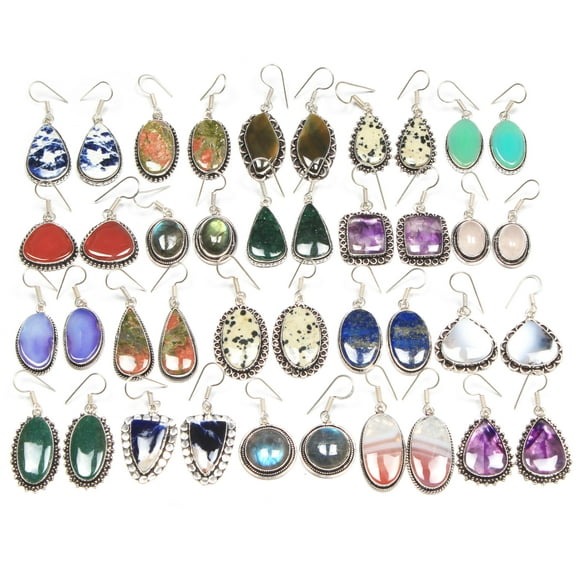 Silver Carats Earrings Set for Women - 10 Pairs Crystal Drop & Dangle Earrings, Assorted Natural Gemstones - Handcrafted