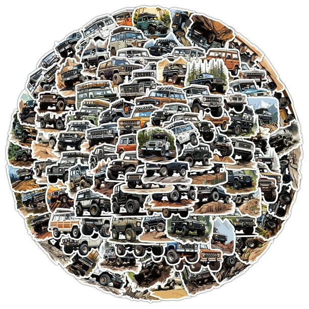 Paquete de pegatinas de vinilo impermeable con temática de coche todoterreno, 100 unidades