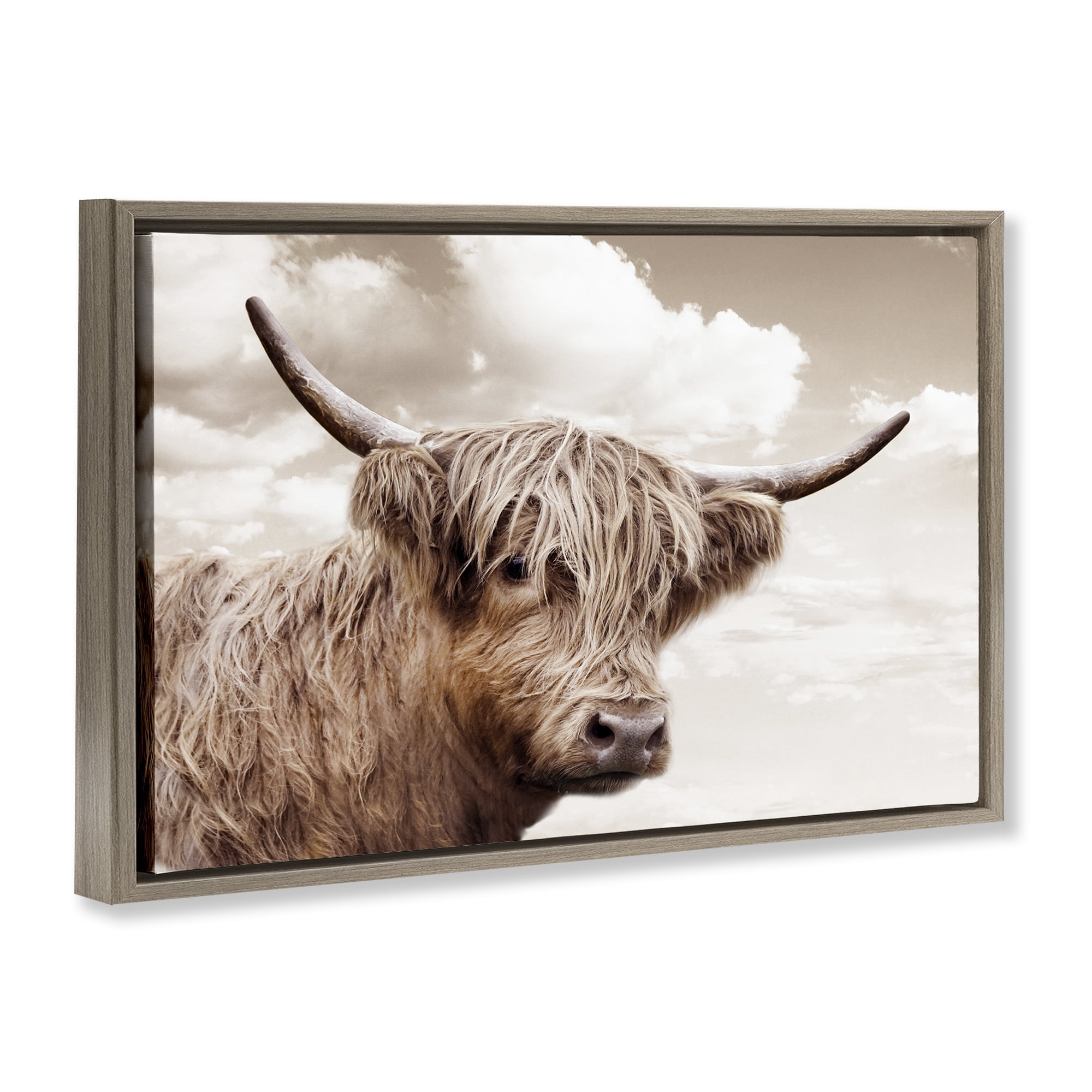 Stupell Industries Shaggy Highland Cow & Clouds Brown Framed Floater Canvas Wall Art, design by CAD Designs