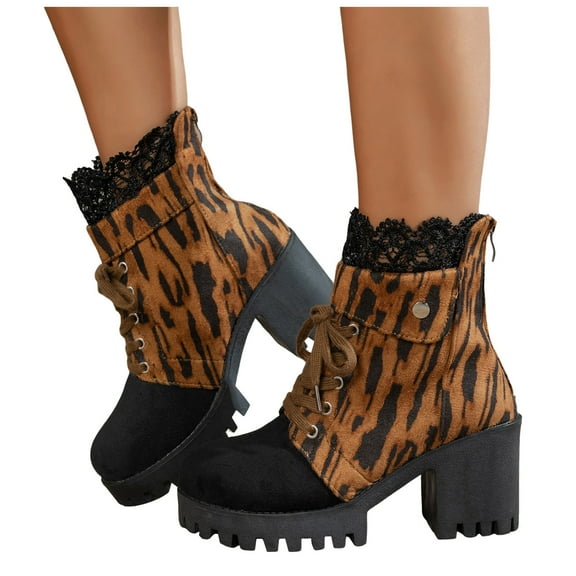 Winter Fall Leopard Combat Boots for Women Vintage Trendy Lace Platform Chunky High Heel Mid Calf Short Ankle Booties