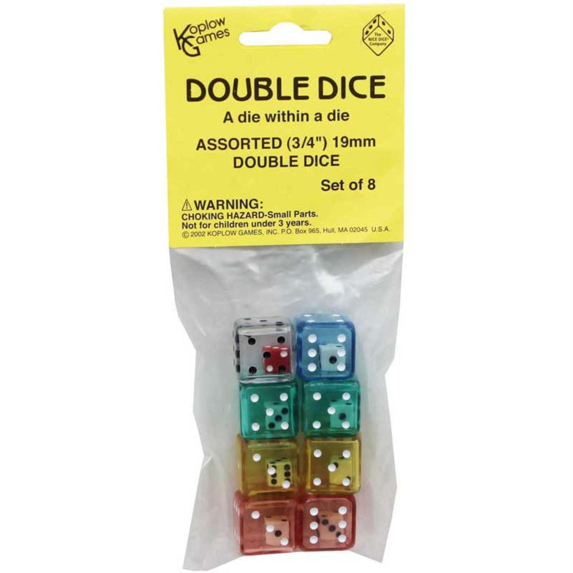 2-In-1 Dice Set of 6 D6 19mm Double Dice White Inside Translucent Yellow Die 
