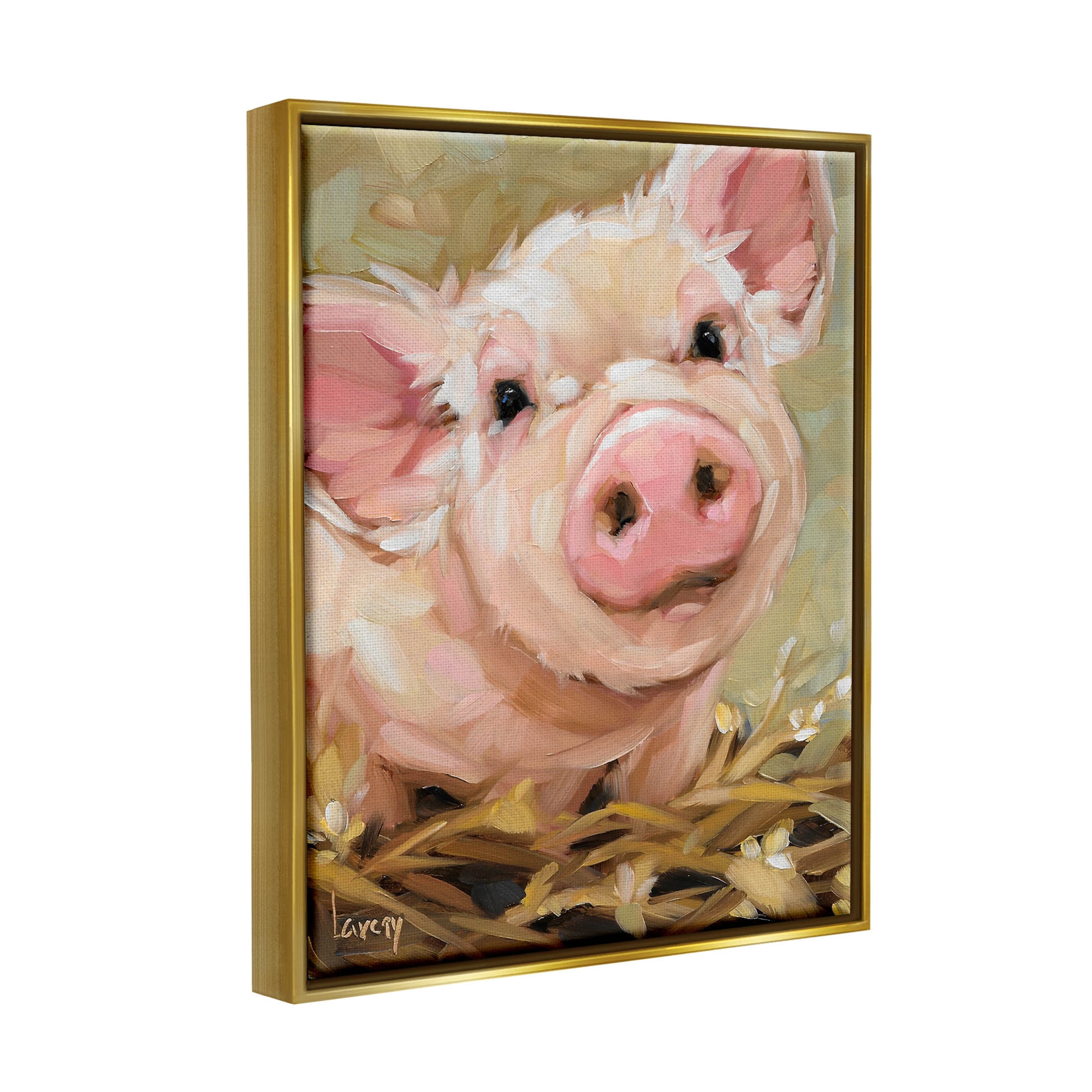 Happy Pig Farm Animal Portrait Animals & Insects Painting Metallic Gold Framed Art Print Wall Art