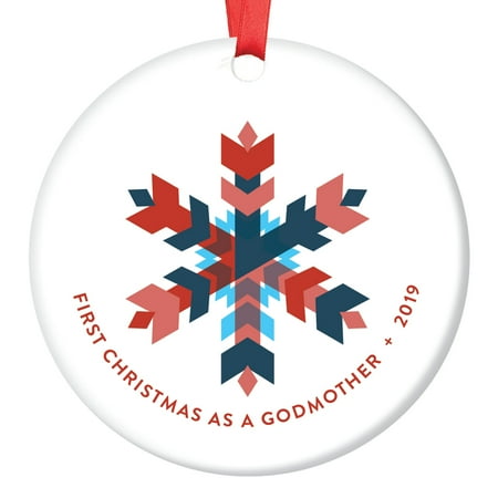 Christmas Wonderlands Uk 2019 2019 First Christmas As A Godmother Modern Dated Keepsake Ornament New Baby Adoption Family Gift Nordic Wintry Wonderland Colorful Geometric Snowflake Smooth Ceramic 3