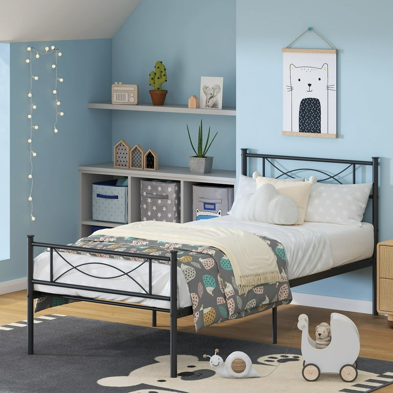 Yoneston Kids Twin Size Metal Platform Bed with Bowknot Headboards