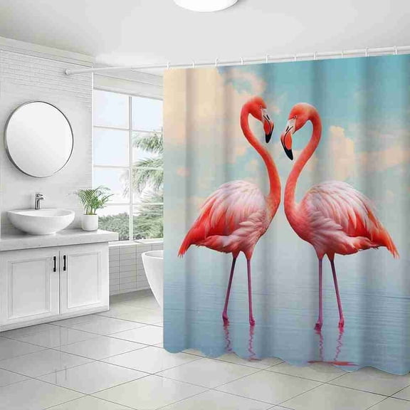 70x70 inch Pink Flamingo Heart Shape Shower Curtain, Waterproof Polyester Fabric with Hooks for Bathroom Decor