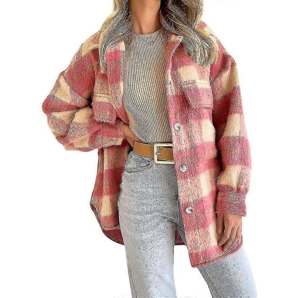 Winter Wool Coat Casual Plaid Flannel Shacket Jacket Oversized Button Down Long Sleeve Fall Shirt Jacket Coat Tops Jacket Women