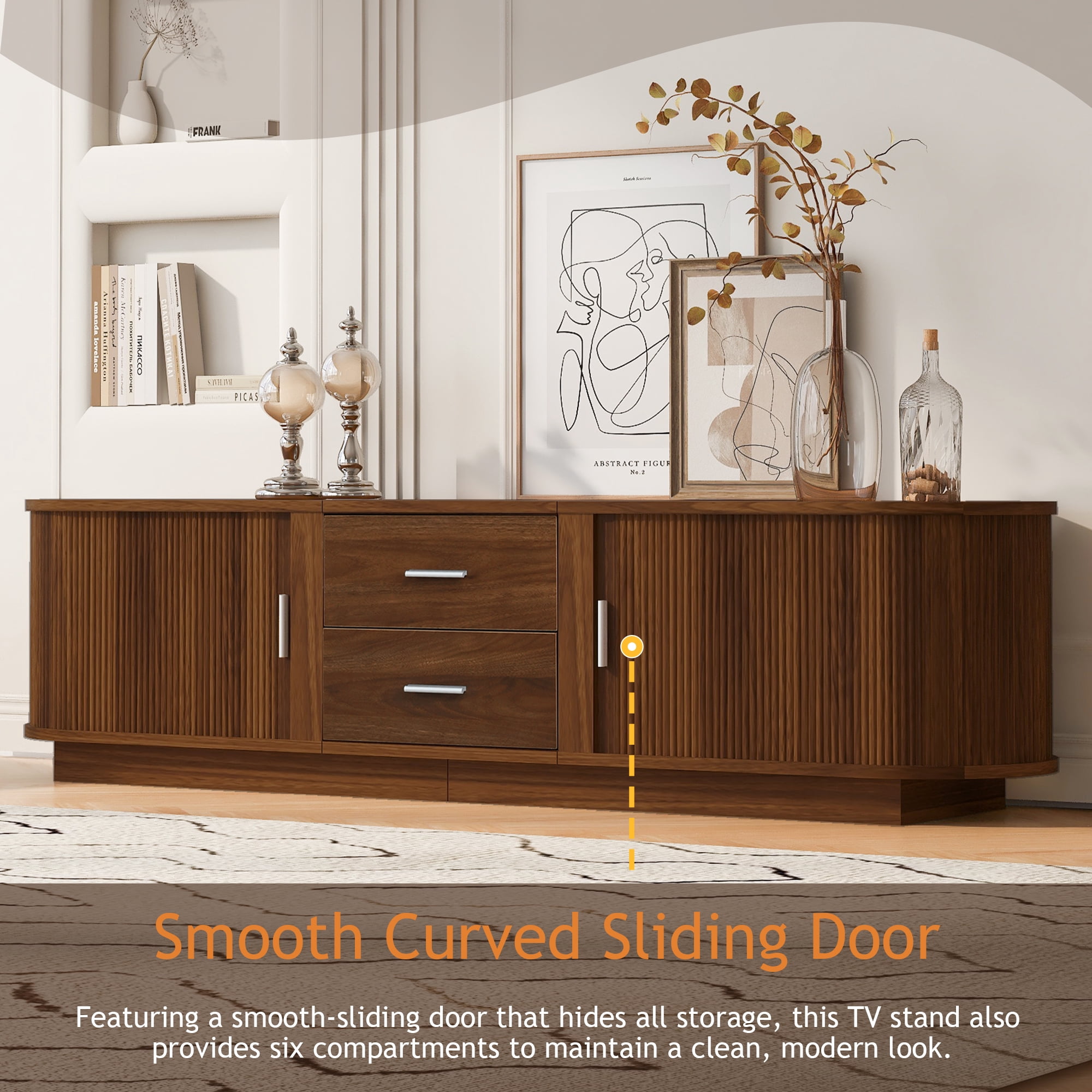 Homy Casa 70.8" TV Stand, Fluted Media Console with Drawers, Walnut Brown