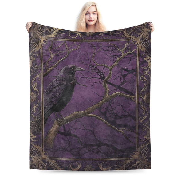 Raven Fleece Blanket for Adults , Dark Fantasy Art Throw Blanket 50x40
