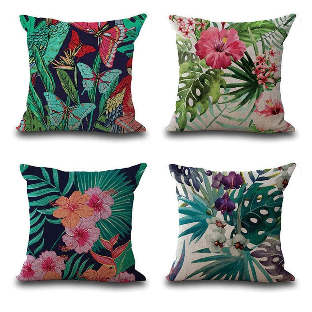 SUFAM Set of 4 Pillow Cases Vintage Flower Tropical Leaves Waist Leaf