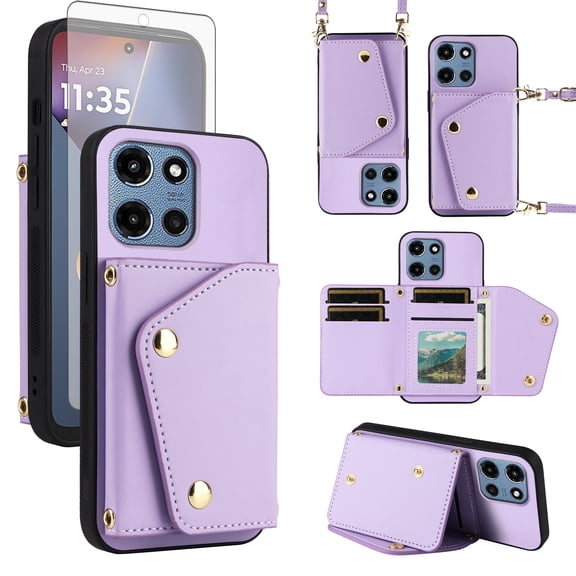 Furiet Wallet Case for Motorola Moto G 5G 2025 with Tempered Glass Screen Protector Slim Flip Purse Shoulder Strap Luxury PU Leather Card Holder Stand Phone Cover for G5G 5 G G5 Women Men Purple
