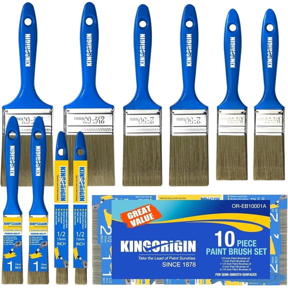 10-Piece Paint Brush Set, 0.5" 1" 1.5" 2" 2.5" Mixed Sizes, Blue Plastic Handle, for Walls, Trim & Furniture