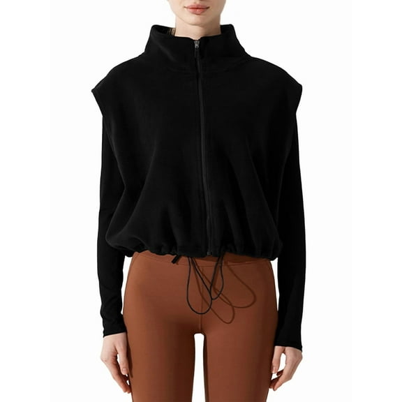 Women'S Full Zip Short Vest Warm Winter Sleeveless Stand Collar Crop Coat Black L