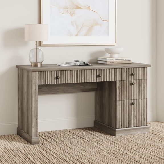 Fluted Home Office Desk Storage, 54" Modern Executive Desk with Charging Station, Wooden Computer Writing Desk with File Cabinet & Drawers for Study, Living Room, Bedroom,Gray