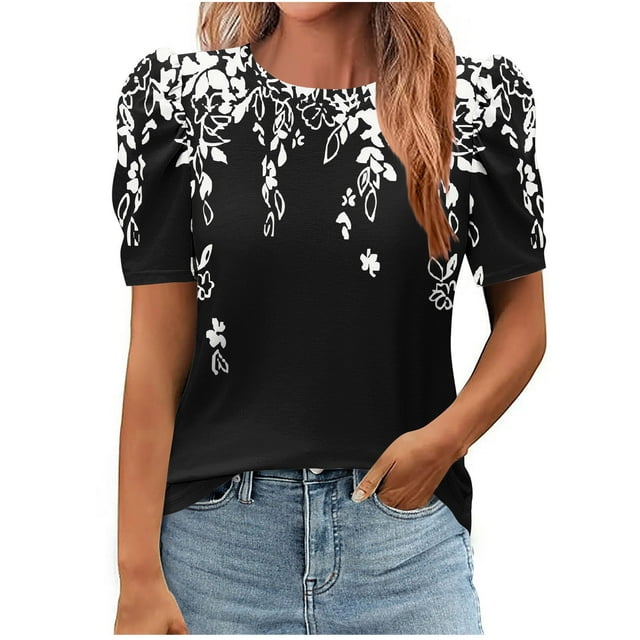 Pisexur Hauts pour Femmes, Hauts de Sortie pour Femmes & T-Shirt à Manches Courtes Col Rond Imprimé, Haut Ample, Hauts de Printemps pour Femmes Noir, 2TG