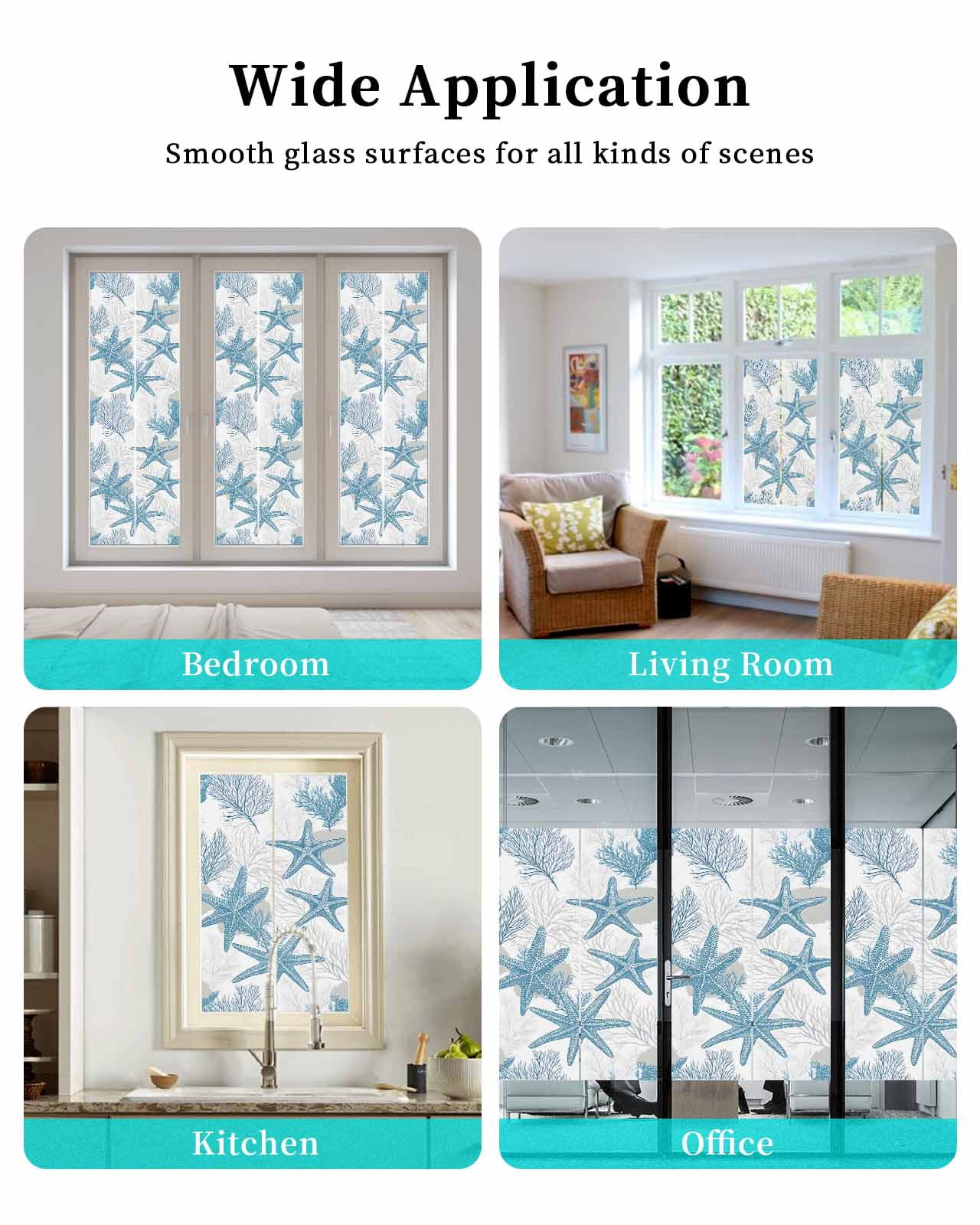 Window Privacy Film Blue Starfish Coastal Stained Glass Window Film Decorative Sun Block Window Cover Nautical Summer Beach Coral Ocean Window Clings Static Adhesive Sticker for Bathroom 23.6"x59"