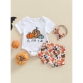 thumbnail image 2 of Qmyliery 3Pcs Baby Girls Halloween Outfit, Pumpkin/Letter Print Short Sleeve Romper + Shorts + Headband Set for Infants, 0-18 Months, 2 of 9