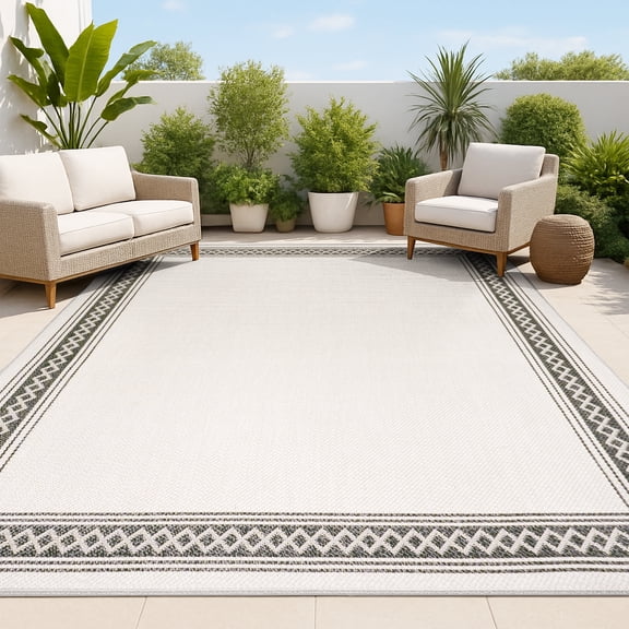 JONATHAN Y SANTA MONICA 5 x 8 Area Rug, Lucia Diamond Border - Cream/Black, SMB207B-5