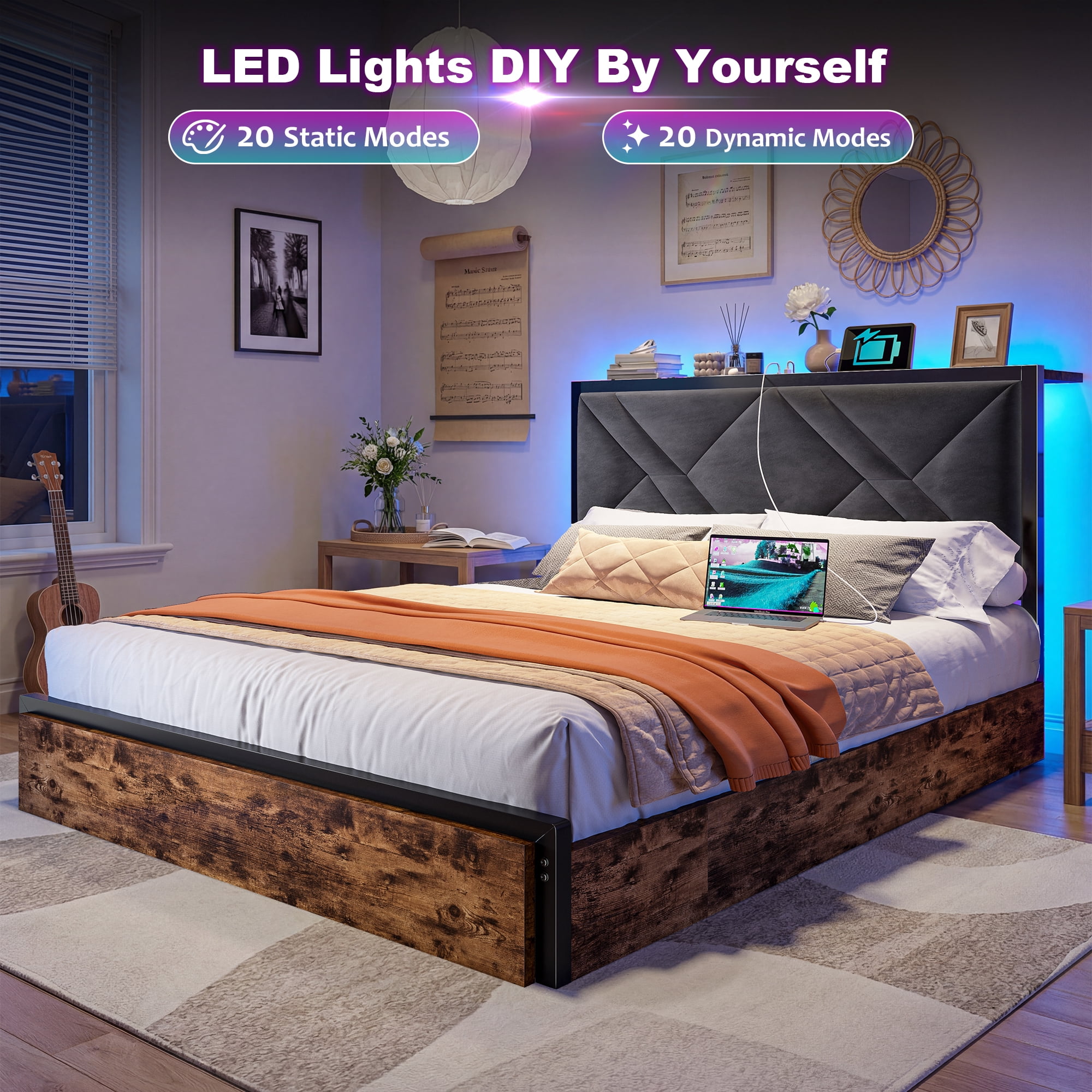 EnHomee Metal Bed Frame with 6 Storage Drawers Upholstered Platform Bed Frame  Full with LED lights & Charging Station,Vintage Brown
