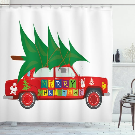 Ambesonne Christmas Shower Curtain, Red Vintage Car Elf, 69"Wx70"L, Vermilion Green White