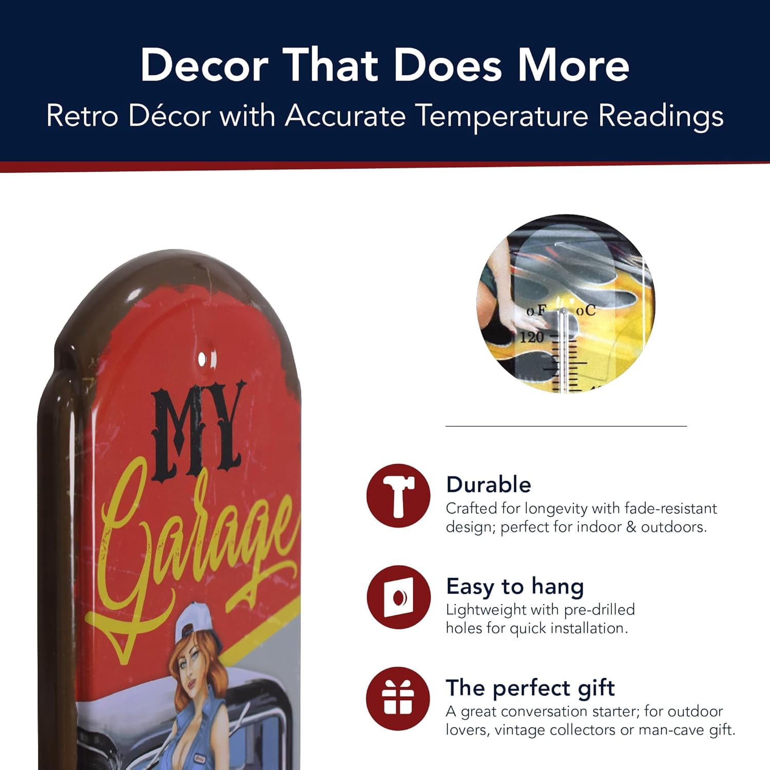 My Garage My Rules Vintage Metal Thermometer - Functional Indoor/Outdoor Wall Thermometer with Embossed Edge, Hot Rod & Pin-Up Design for Garage, Man Cave, or Workshop