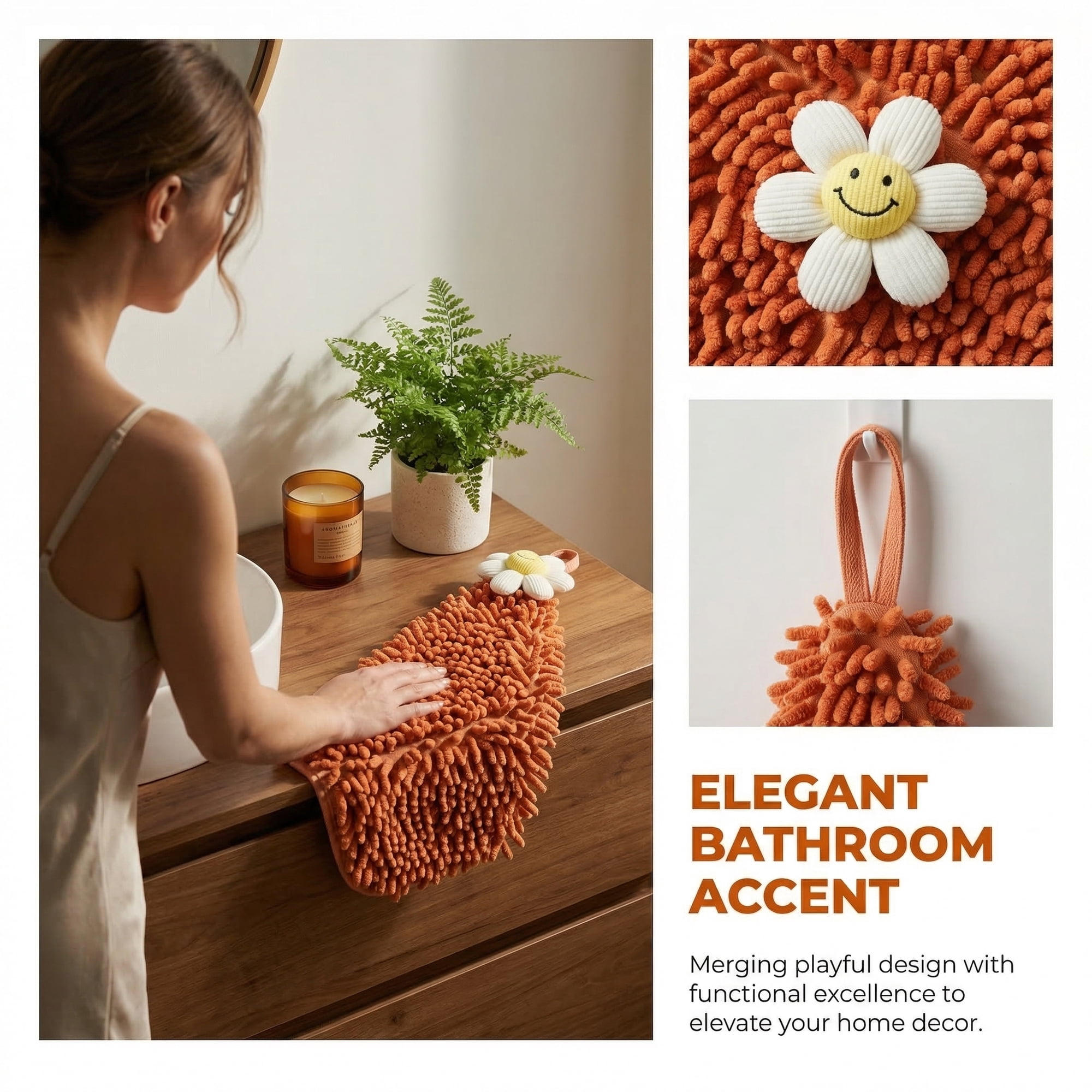 Unique Bargains Soft Absorbent Quick Dry Cute Flower Chenille Hand Towels Orange 12" x 12"