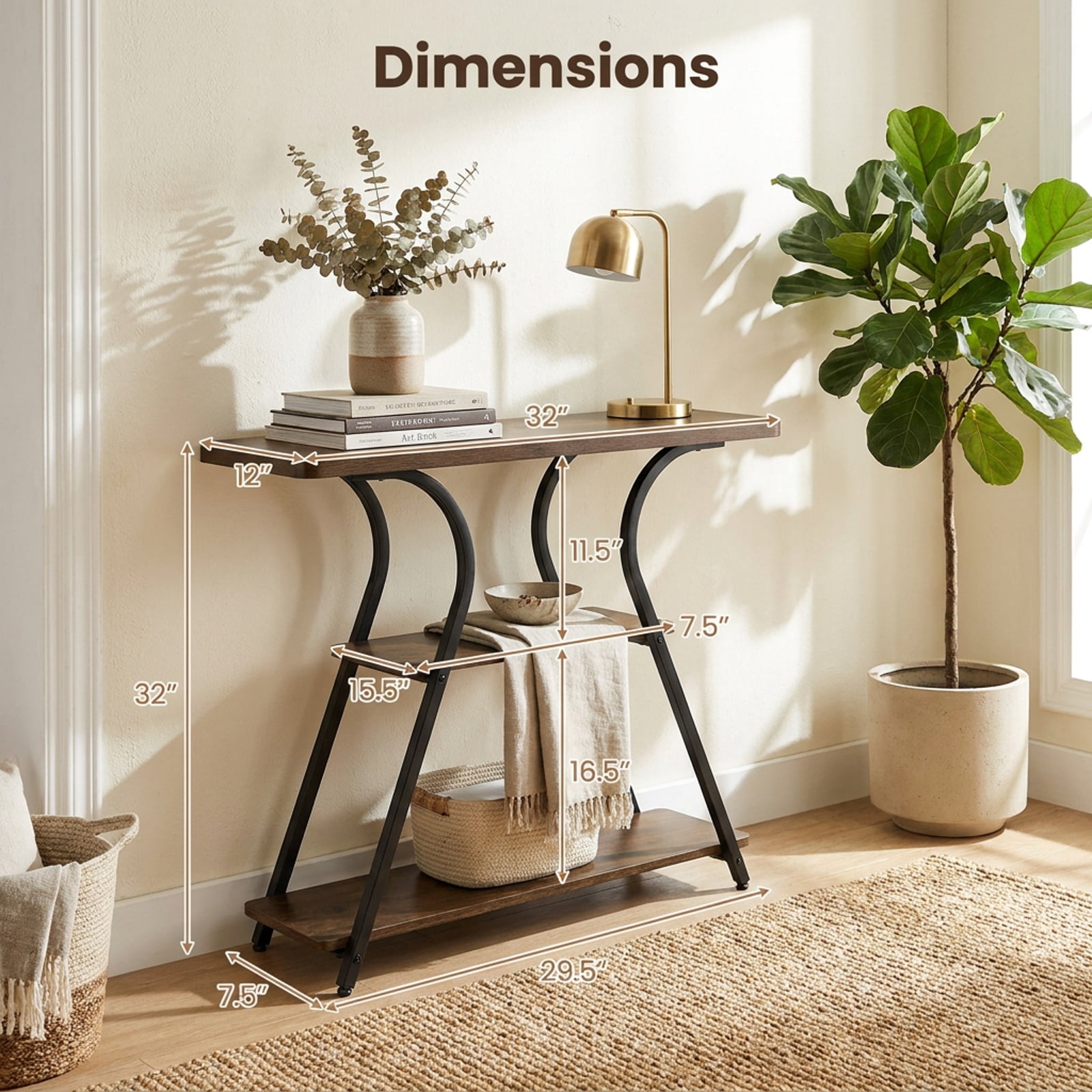 Furnibear 32 Inch Narrow Console Table for Entryway with USB Type-C AC Outlets 16-Color RGB LED Lights and 3-Tier Storage Shelves, Rustic Brown