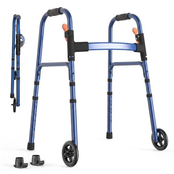 Specared Folding Walker for Seniors, Lightweight Rolling Walker with 8 Height Adjustments, One-Hand Folding, 300lbs Capacity for Elderly Adults and Handicap, Blue