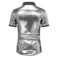 thumbnail image 4 of JUUYY Men's Shiny Lapel Short-Sleeve Button-Down Dress Shirt Summer Slim Fit Solid Color Shirts Top for Nightclub or Party Wear Silver XXL, 4 of 8