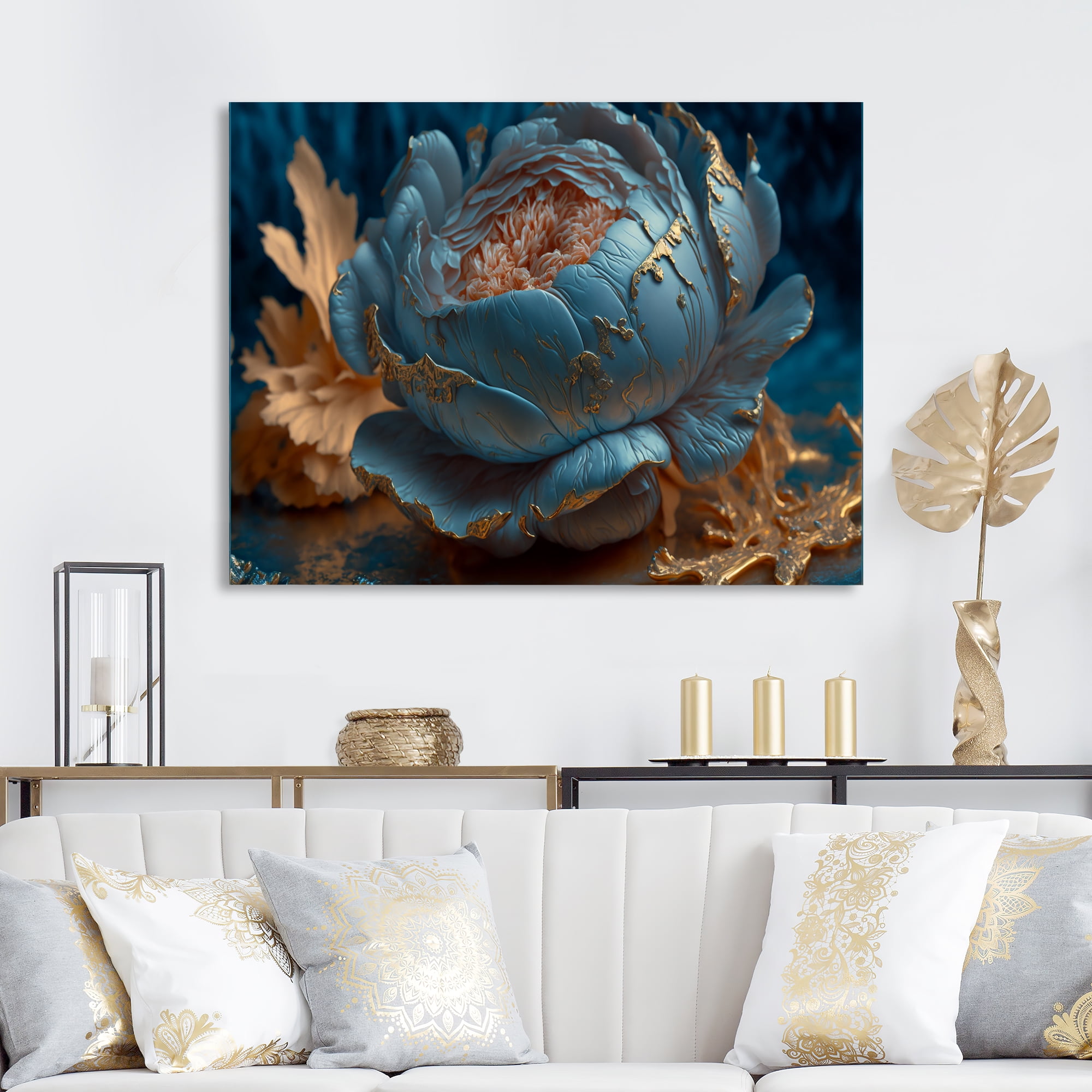Designart Ice Blue And Gold Peony II Canvas Wall Art