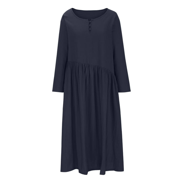 BLVB Spring Dresses for Women Long Sleeve Cotton Linen Maxi Dress Crewneck  Solid Color Loose Flowy Long Dress